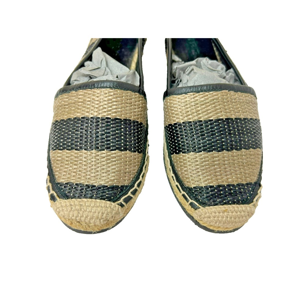 New Burberry Espradrille Flat Shoe Black Tan Stripe Slip-on Rubber Sole SZ 38.5 - Picture 4 of 10